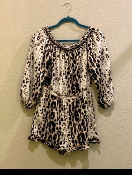 bebe Pants - bebe Black and White Leopard Print Romper
